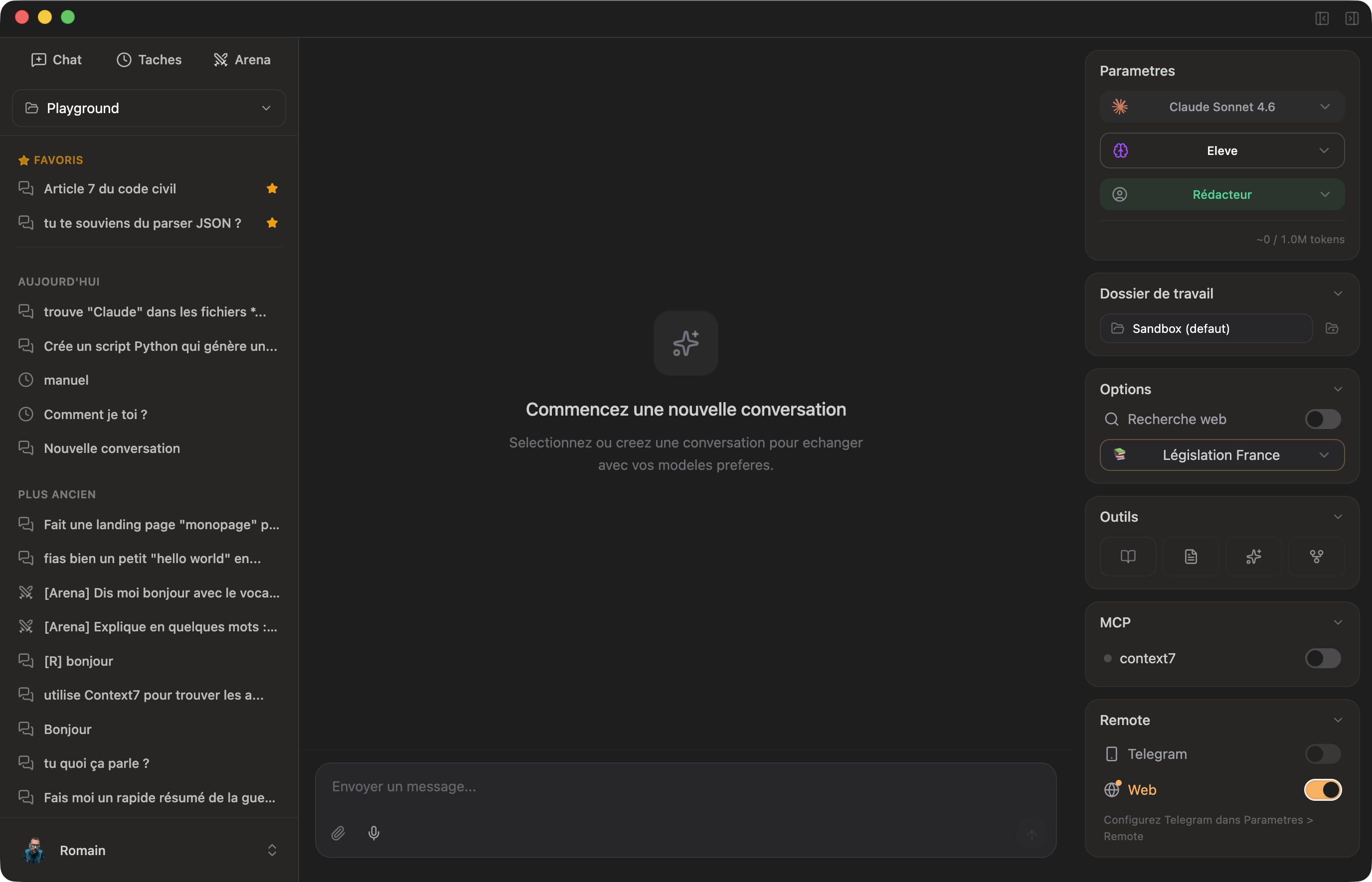 Cruchot - Vue complete de l'application avec sidebar, chat, et right panel